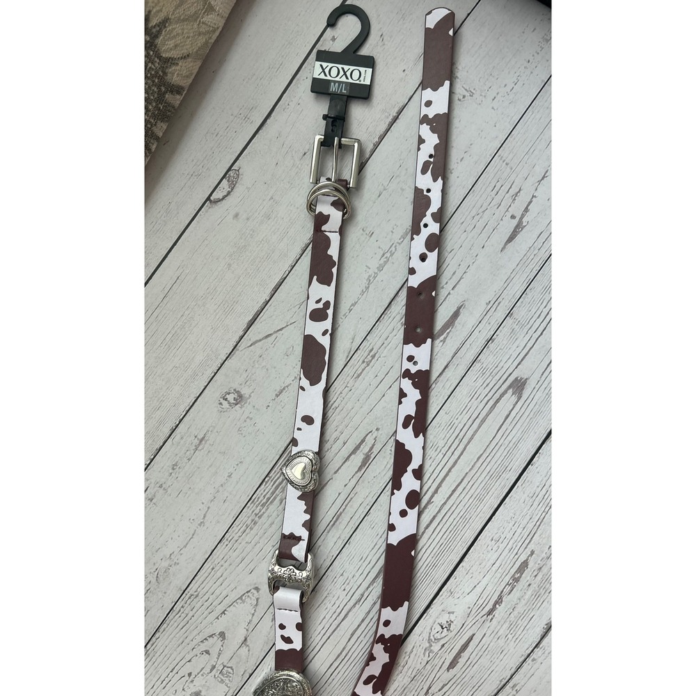 XOXO Womens Cow Print Belt Brown White Heart Charms Western Silver Hardware M/L